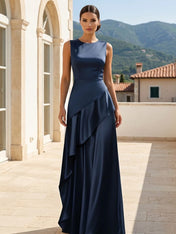 Navy Blue Evening Dress with Ruffle O Neck A Line Maxi Dress