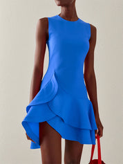 A Line Blue Stretch Crepe Round Neck Sleeveless Dress With Ruffles