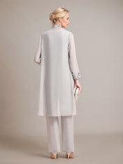 Elegant Sleeveless Appliques Silver Chiffon Mother of Bride Jumpsuit with Wrap