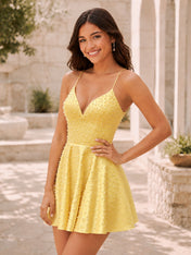 Light Blue V-Neck Pearl Beaded Lace-Up A-Line Short Homecoming Dress