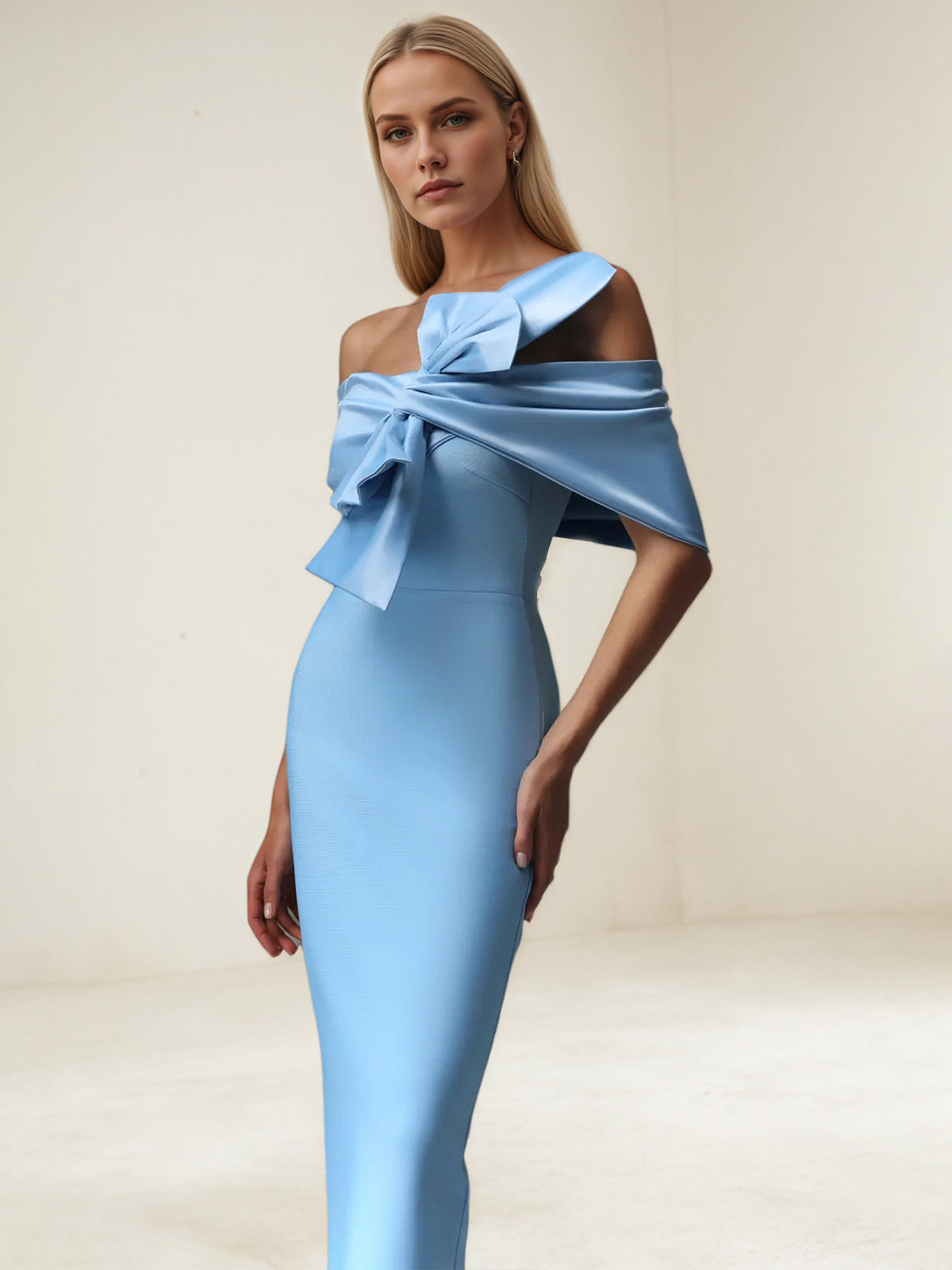 Blue Off-The-Shoulder Bow Bandage Maxi Dress