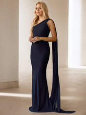 One-Shoulder Cape Detail Chiffon Mermaid Maxi Gown Formal Evening Dress