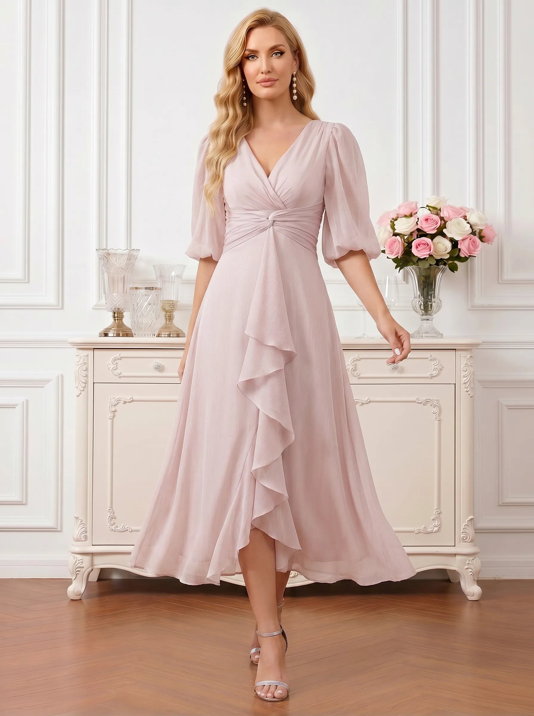 V-Neck Puff Sleeve Chiffon Midi Mother of the Bride Dress with Twisted Waist and Cascading Ruffles