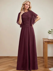 A-line Scoop Illusion Floor-Length Lace Chiffon Mother of the Bride Dress With Sequins