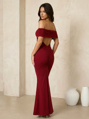 Red Off the Shoulder Maxi Dresses with Pleat Mermaid Evening Dress