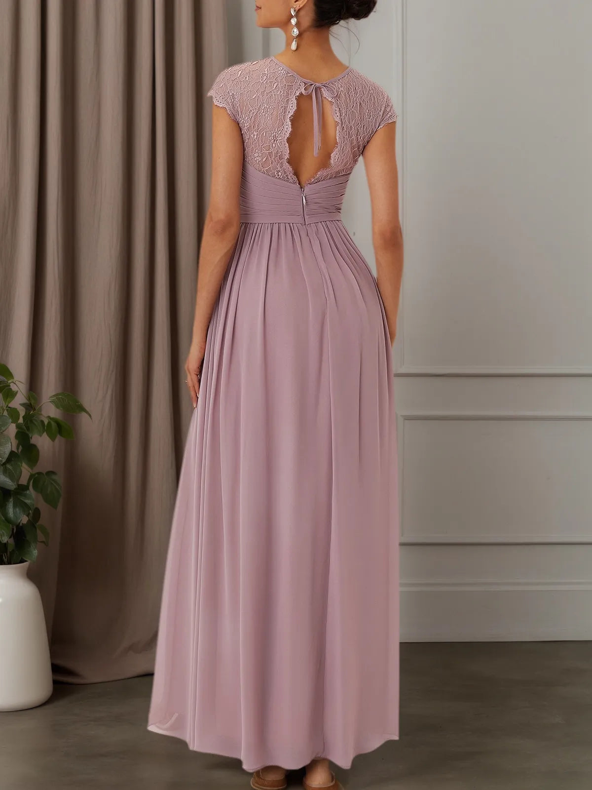 Pink Ruched Lace Chiffon Crew Neck Cap Sleeve A-Line Maxi Bridesmaid Dress