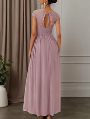 Pink Ruched Lace Chiffon Crew Neck Cap Sleeve A-Line Maxi Bridesmaid Dress