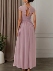 Pink Ruched Lace Chiffon Crew Neck Cap Sleeve A-Line Maxi Bridesmaid Dress