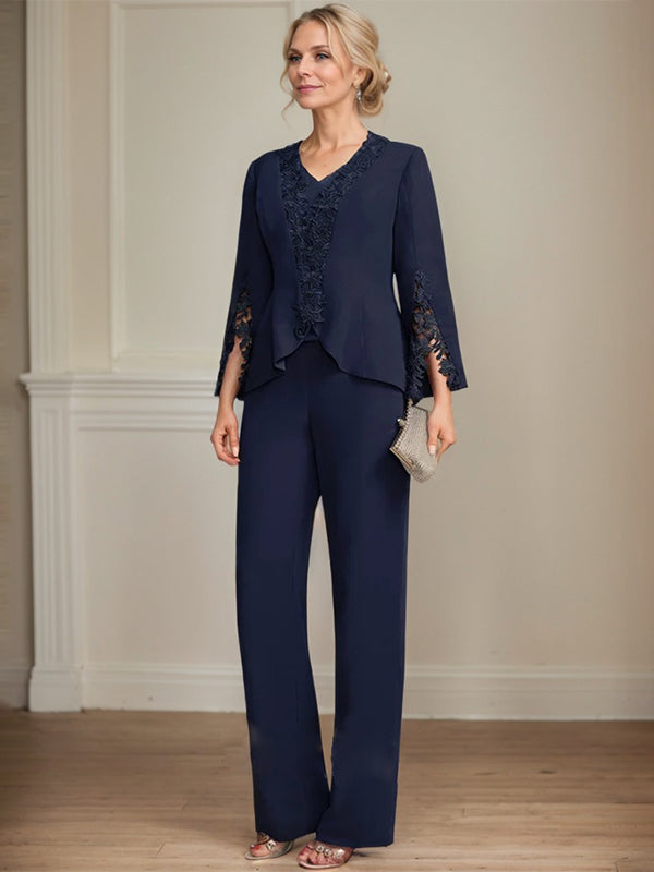 Separates Jumpsuit/Pantsuit V-Neck Floor-Length Chiffon Mother of the Bride Dress