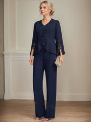 Separates Jumpsuit/Pantsuit V-Neck Floor-Length Chiffon Mother of the Bride Dress