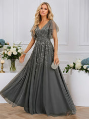 A-line V-Neck Floor-Length Tulle Lace Evening Dress With Sequins