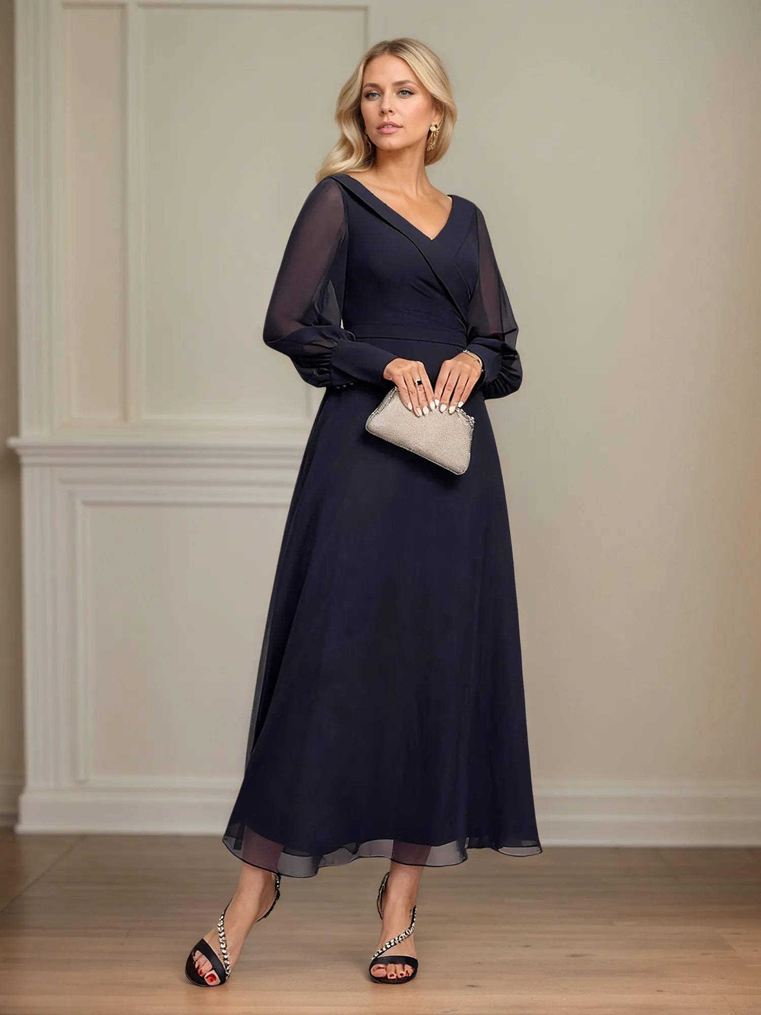 A-line V-Neck Collared Ankle-Length Chiffon Mother of the Bride Dress With Pleated
