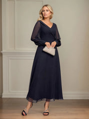 A-line V-Neck Collared Ankle-Length Chiffon Mother of the Bride Dress With Pleated