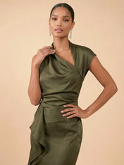 Olive Green One Shoulder Ruched Satin Evening Gown with Ruffle