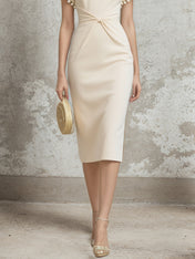 White Stretch Crepe Sheath/Column Short Sleeve Tea Length Dress With Pearls