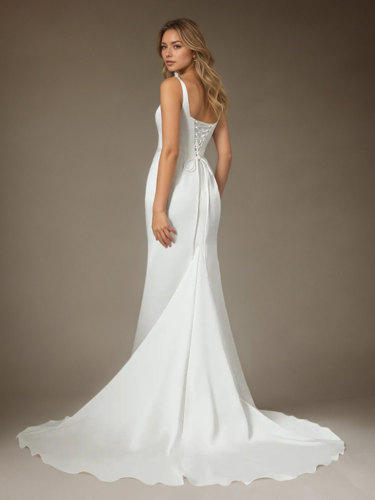 White Mermaid Square Neckline Double Faced Satin Wedding  Dress