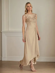 Champagne A-Line Scoop Lace Chiffon Dress