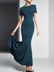 Formal Dress Mermaid Peacock Blue Crew Neck Cape Maxi Dress