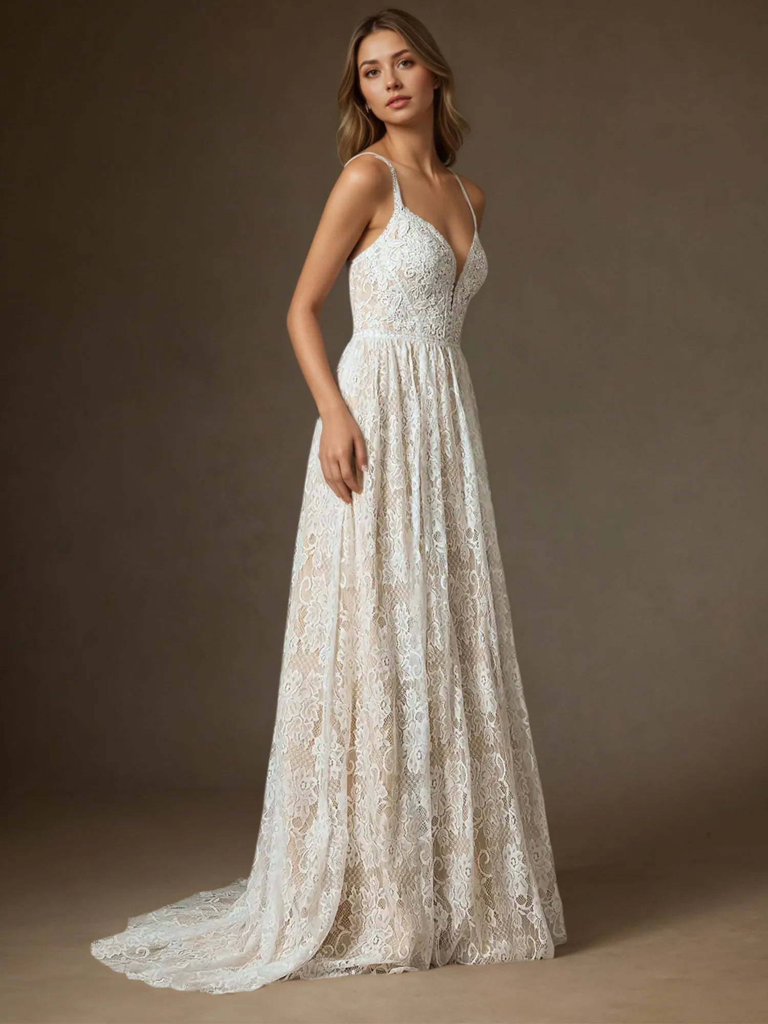 White Champagne A-Line Lace Wedding Dress