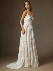 White Champagne A-Line Lace Wedding Dress