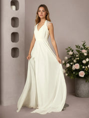 Cream A-Line Pleated Chiffon Dress