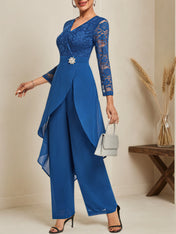 Women Blue Lace V Neck Three Quarter Sleeve Mother of the Bride or Groom Top With Pants Two-Piece Set