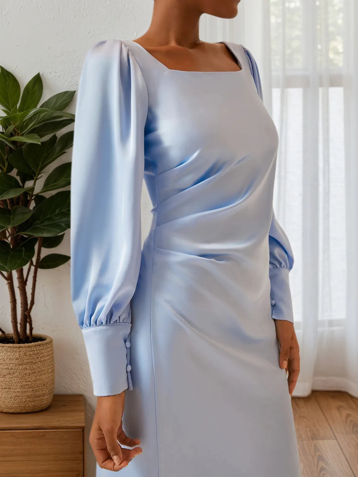Blue Square Neck Long Sleeve A-Line Midi Dress