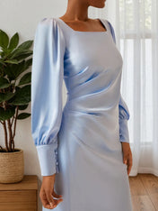Blue Square Neck Long Sleeve A-Line Midi Dress
