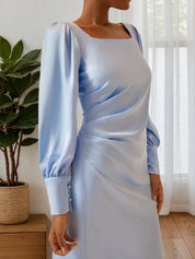 Blue Square Neck Long Sleeve A-Line Midi Dress
