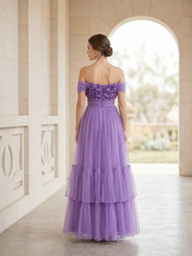 3D Rose A-Line/Princess Off-the-Shoulder Floor-Length Evening Dresses with Tiered Ruffles