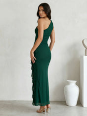 Green One Shoulder Mermaid Satin Slit Maxi Dress with Ruffle