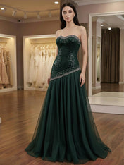 Galaxy Glamour Black Beaded Asymmetrical Tulle Prom Dress