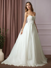White Ball-Gown Strapless Pleated Lace Wedding Dress