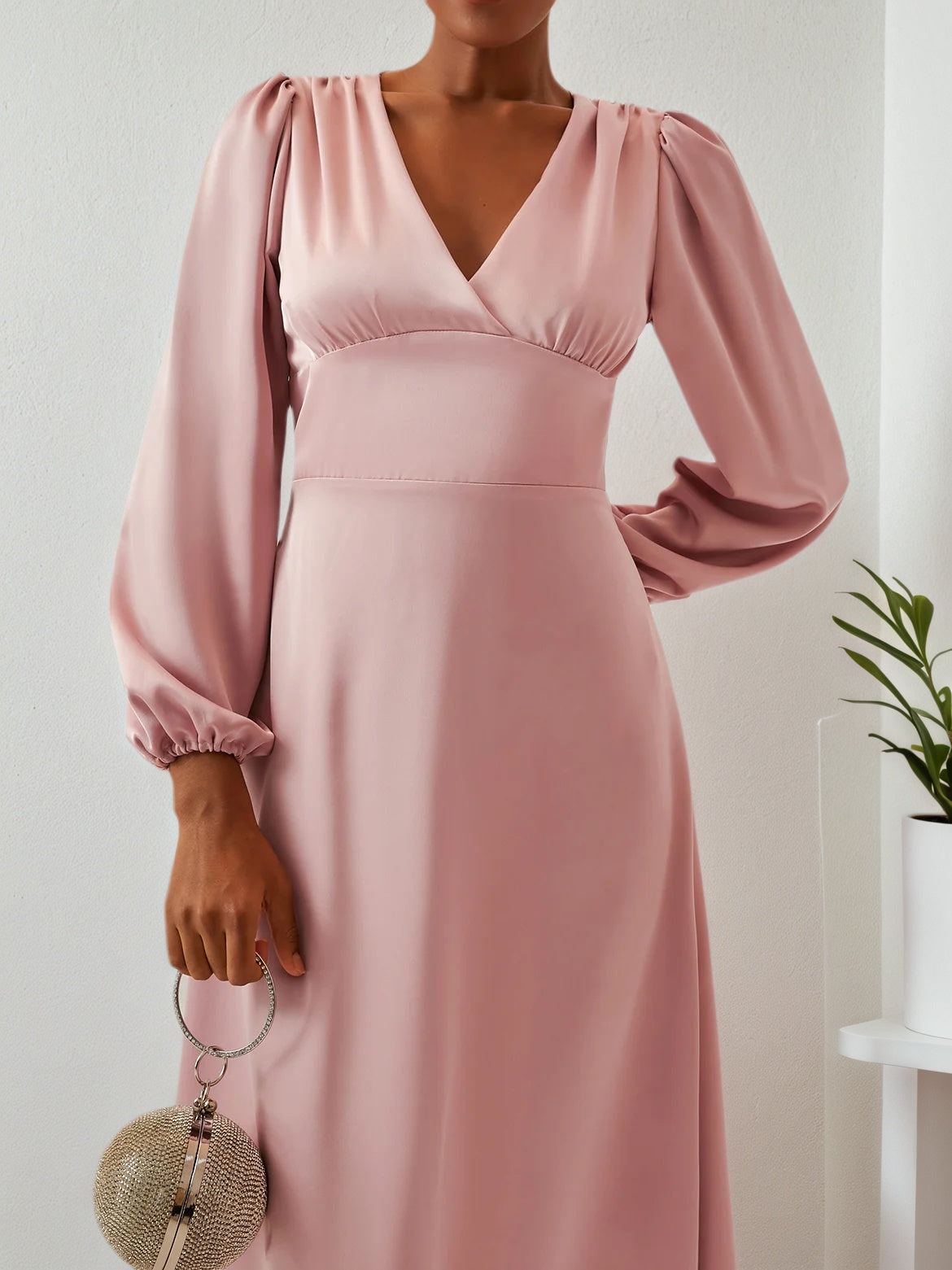 Pink V Neck Long Puff Sleeve A-Line Midi Dress