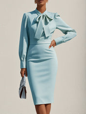 Light Blue High Neck Long Sleeve Sheath Knee Length Dress