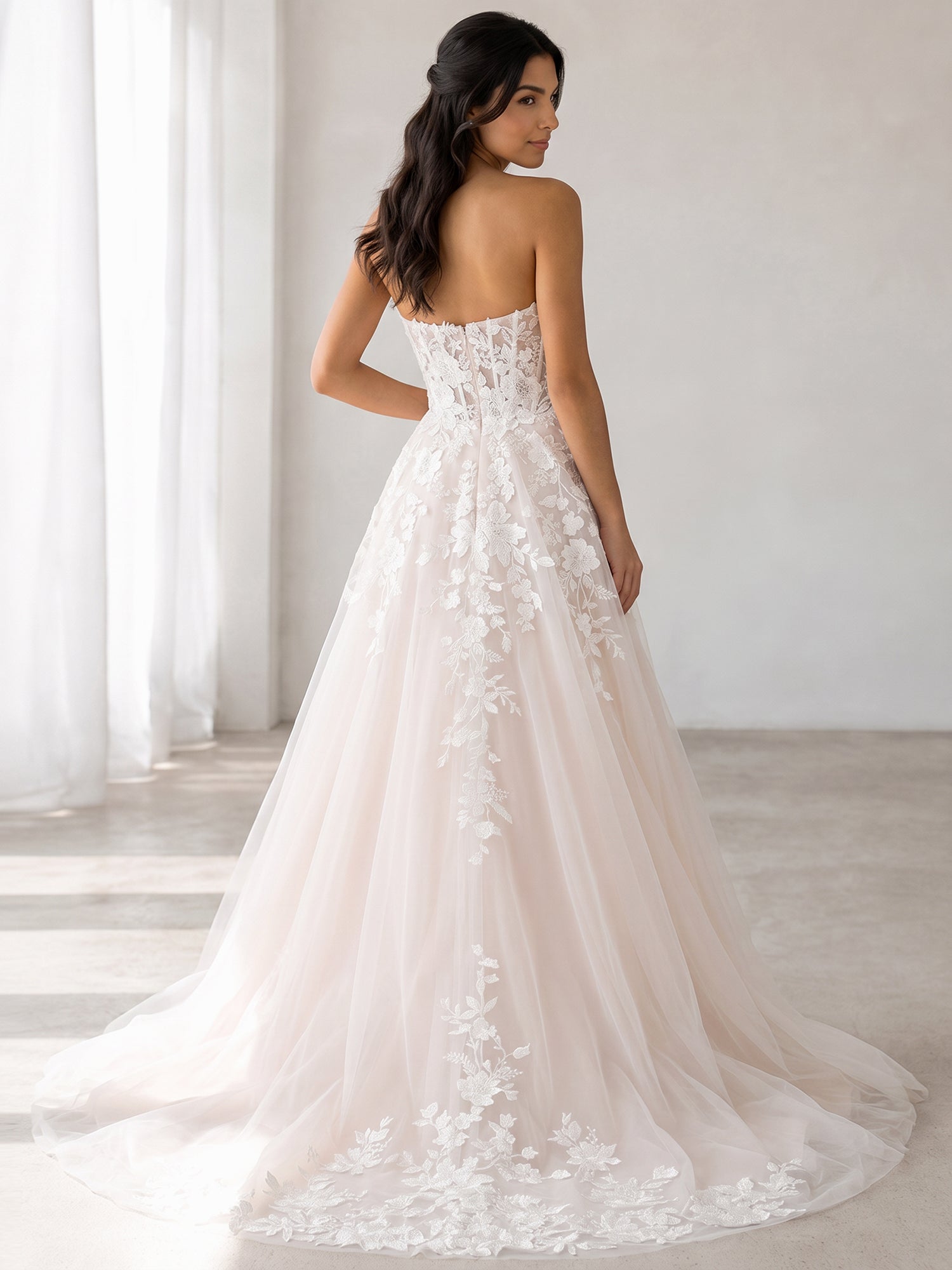 Elegant Strapless White Lace A-Line Wedding Dresses with Corset and Chapel Train