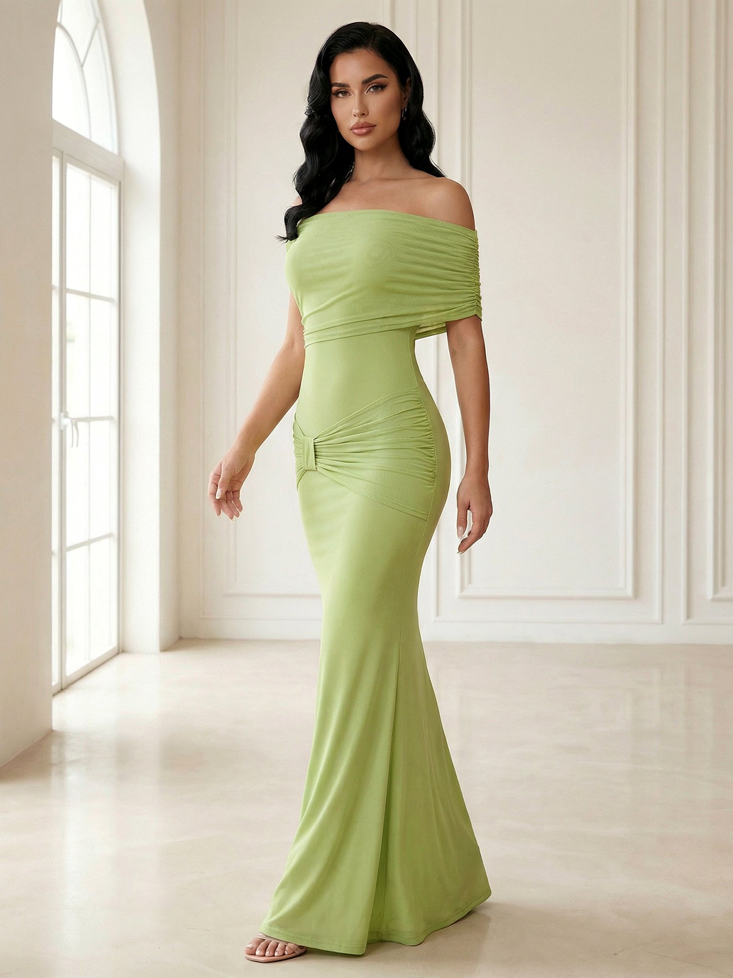 Green Off the Shoulder Maxi Dresses with Pleat Mermaid Evening Dress