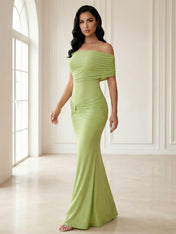 Green Off the Shoulder Maxi Dresses with Pleat Mermaid Evening Dress