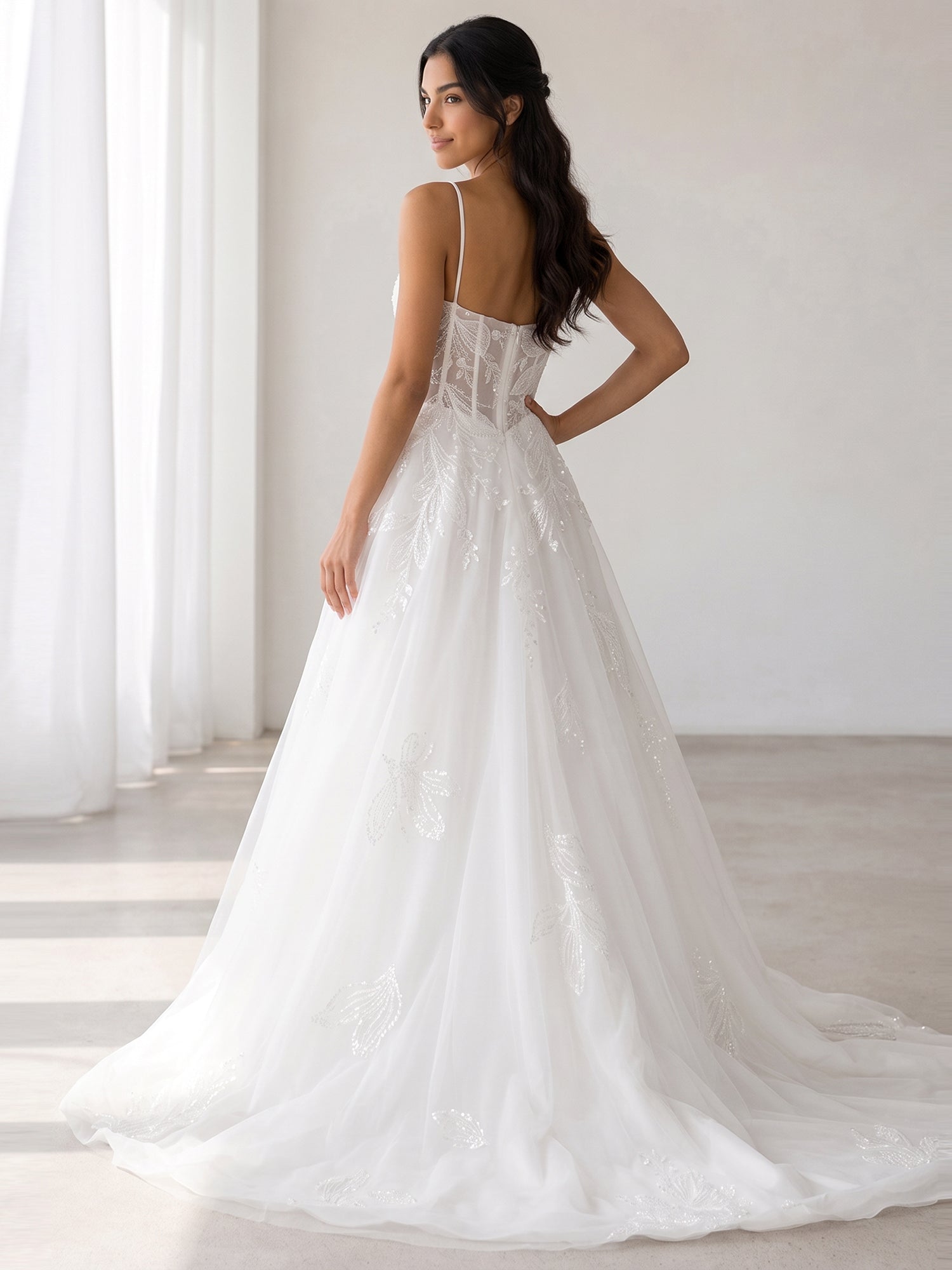 Elegant Spaghetti-Strap White Tulle A-Line Wedding Dresses with Corset and Chapel Train