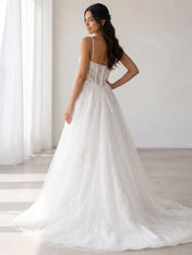 Elegant Spaghetti-Strap White Tulle A-Line Wedding Dresses with Corset and Chapel Train