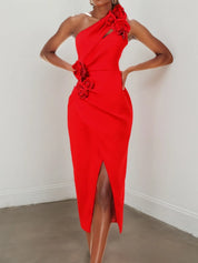 Red 3D Floral One-Shoulder Sheath Midi Dress