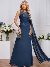 A-line Scoop Neck Floor-Length Chiffon Evening Dress With Sequins Appliques