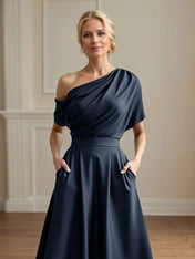 A Line Satin One Shoulder Pleated Ankle Length Mother of the Bride Dress