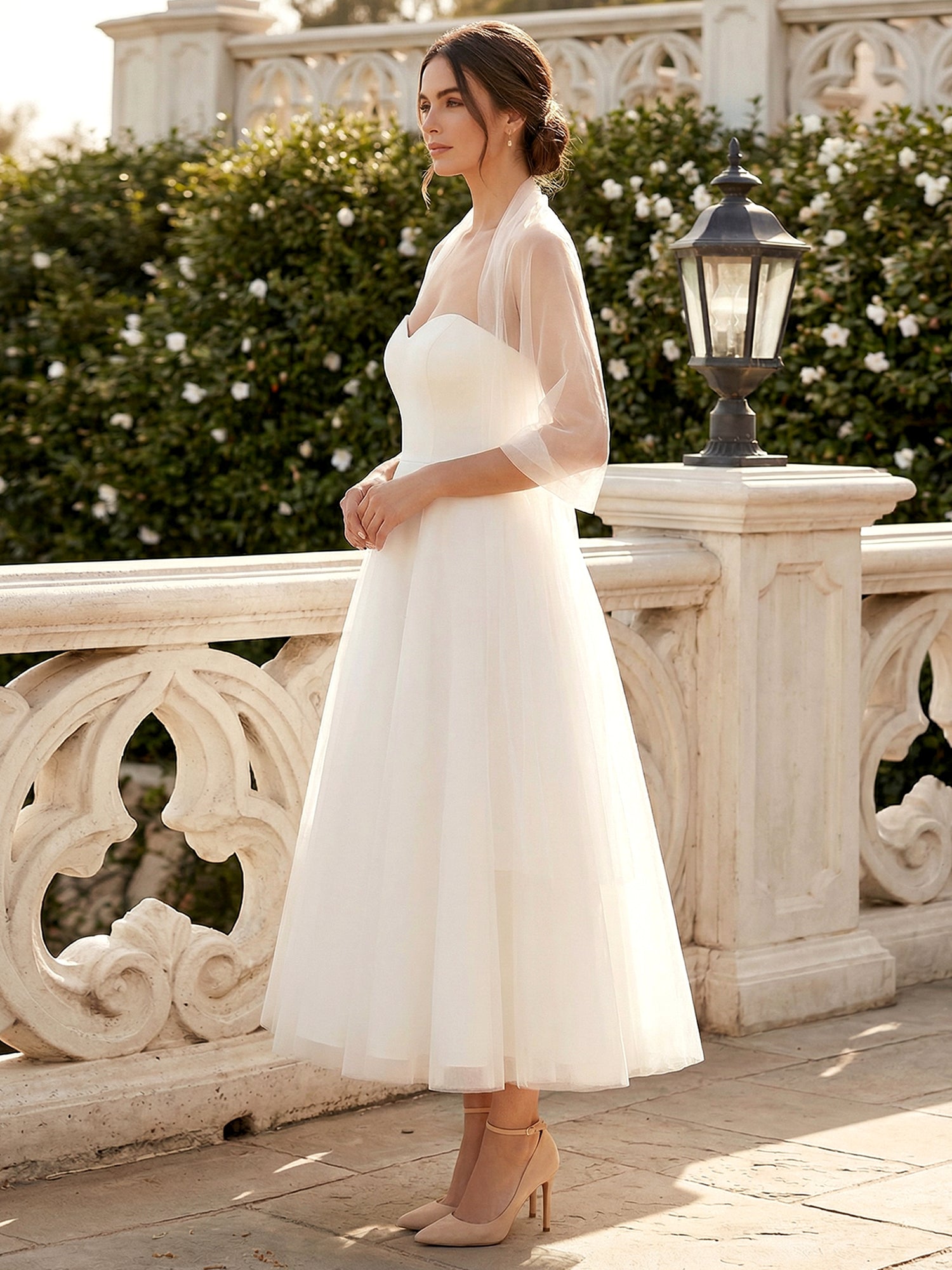 White Sweetheart Tea Length A Line Maxi Gown with Scarf