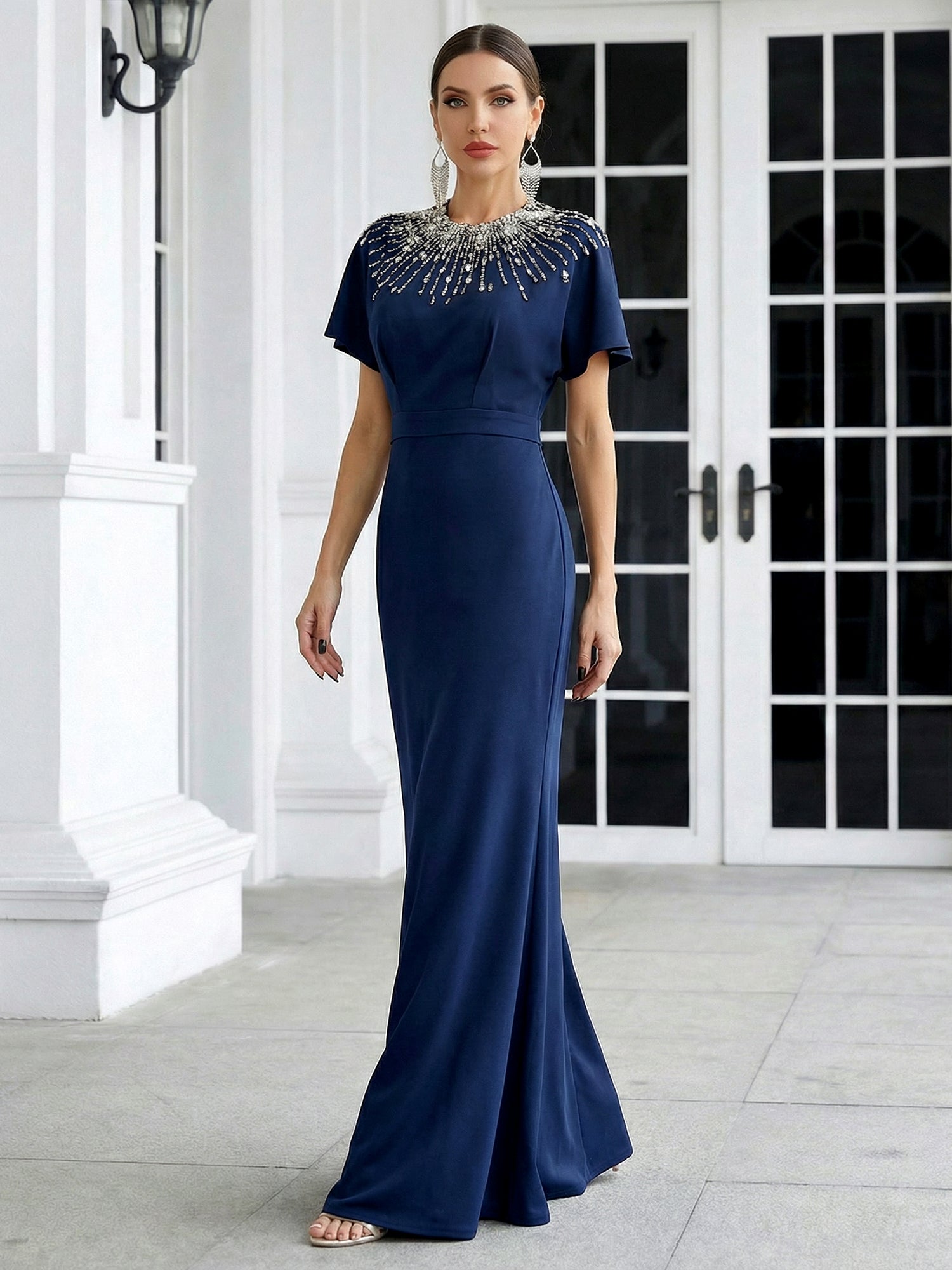 Navy Blue O Neck Short Sleeves Mermaid Satin Evening Dress with Beads