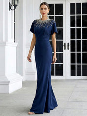 Navy Blue O Neck Short Sleeves Mermaid Satin Evening Dress with Beads
