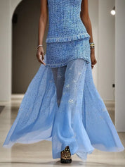 Blue Rhinestone Tassel Tweed Crew Neck Sleeveless A-Line Maxi Dress