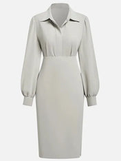 Light Gray Ruched Classic Shirt Collar Long Sleeve Sheath Midi Dress
