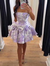 Strapless Pearl-Trimmed Floral Jacquard Mini Dress with Side Bow Homecoming Dresses