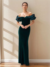 Sheath Off The Shoulder Sleeveless Ruched Floor-Length Fitted Dress